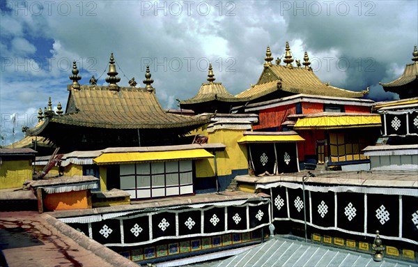 CHINA, Tibet, Lhasa, Section of The Potala Palace with colourful rooftops and hangings