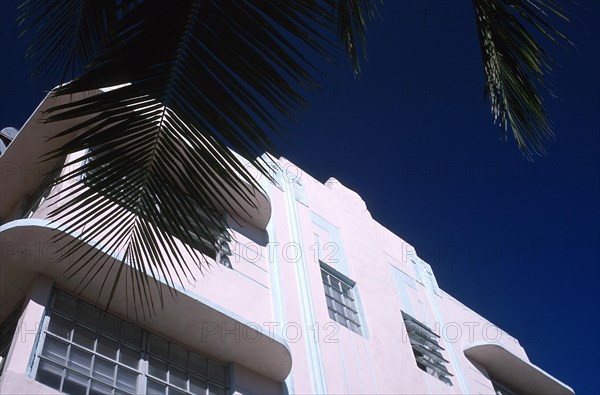 USA, Florida, Miami, Angled view looking up the facade of an Art Deco style building on Lincoln Avenue Miami Beach