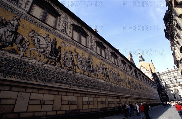 GERMANY, Sachsen, Dresden, View along Fursten Zug a long elaborate mural depicting a train of kings