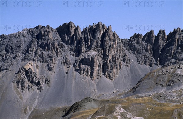 FRANCE, Rhone Alps, Near Valloire, View of Col de Galibier rocky mountains screeslope