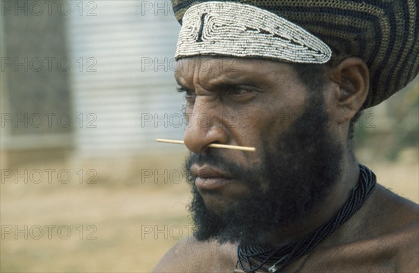 PAPAU NEW GUINEA, Body Decoration, Portrait of a Melpa warrior with nasal piercing and beaded headband