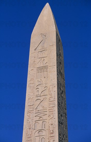 EGYPT, Nile Valley, Karnak, Precinct of Amun.  Hatshepsut obelisk with relief carving and hieroglyphics.
