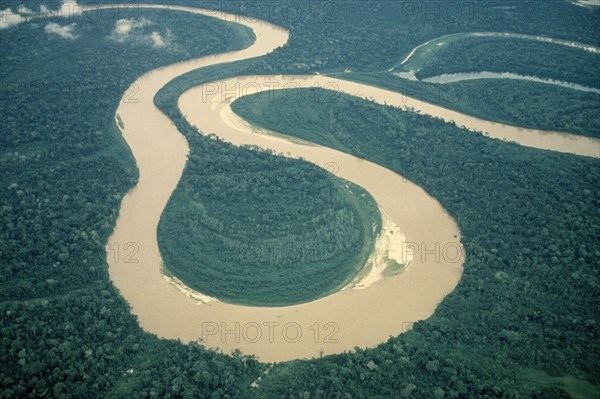PERU, Rio Ucalyali, Aerial view of s bends in river between Pucatipa and Rio Santiago through north eastern Peruvian rainforest.