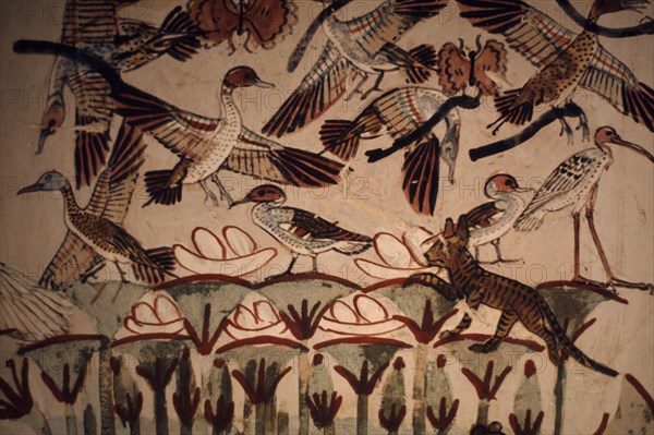 EGYPT, Nile Valley, Thebes, Valley of the Nobles.  Tomb of Nakht the scribe and astronomer of Tuthmosis IV.  Detail of interior wall painting depicting birds and animals.