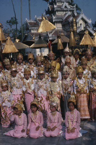 MYANMAR, Religion, Buddhism, Shwedagon Pagoda.  Initiation of novices at the Shinpyu ceremony.