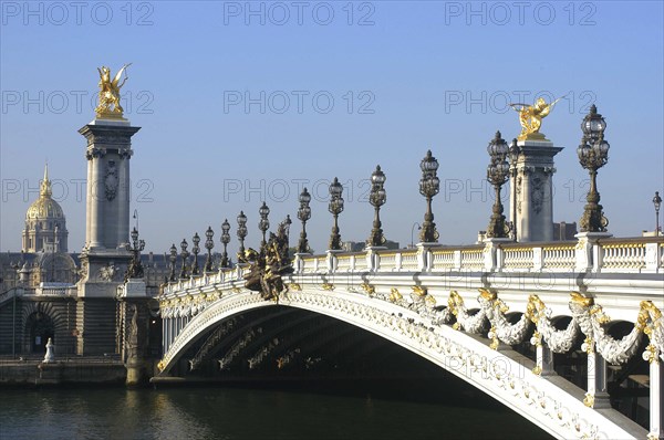 FRANCE, Ile de France, Paris, View along the edge of the Pont Alexandre III that was built between 1896 and 1900