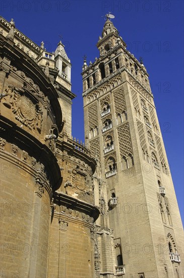 SPAIN, Andalucia, Seville, Angled view looking up at La Giralda bell tower