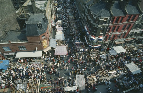 ENGLAND, London, Aerial view over Petticoat Lane Market.