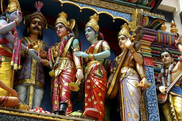 SINGAPORE, Central, Chinatown, Sri Mariamman Temple. Detail of brightly coloured Hindu carvings dating from 1862