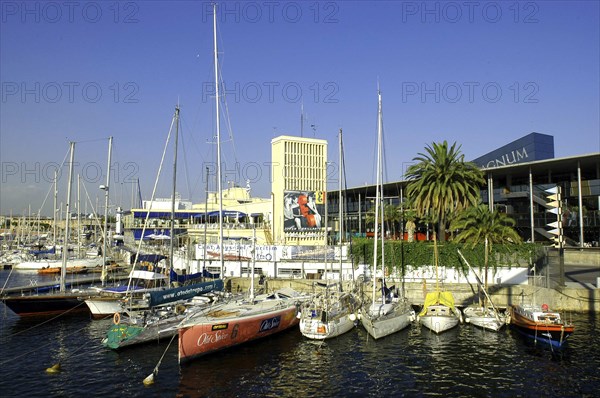 SPAIN, Catalonia, Barcelona, View over moored boats in the harbour.