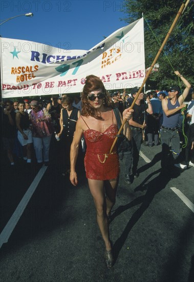 AUSTRALIA, Victoria, Melbourne, Man in drag on the annual Gay Pride March in the south Melbourne suburbs