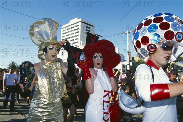 AUSTRALIA, Victoria, Melbourne, Men in drag on the annual Gay Pride March in the south Melbourne suburbs