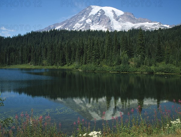 USA, Washington State, Mount Rainer National Park, Snow capped Mount Rainer seen over Reflections Lake.