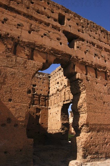 MOROCCO, Marrakech, Crumbling archway in old palace wall