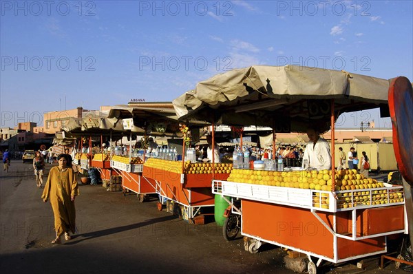 MOROCCO, Marrakech, Djemaa El Fna. Row of Orange sellers lined up along the market