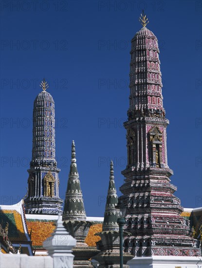 THAILAND, Bangkok, Grand Palace, Wat Pra Kaeo. The Royal Pantheon. Pillars surrounding the Pantheon