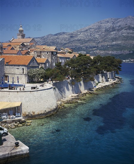 CROATIA, Korcula Island, Korcula, View over coastal town fortified with 13th century walls