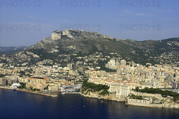 MONACO, Cote d Azur, Monte Carlo, Aerial view from the sea toward the coastal city and coastline