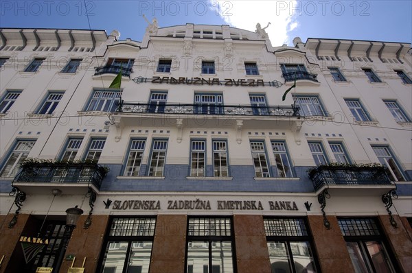 SLOVENIA, Ljubljana, Angle view looking up at the Art Nouveau facade of Zadrunza Zveza aka Peoples Loan Bank