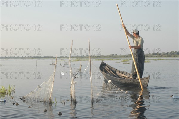ROMANIA, Tulcea, Danube Delta Biosphere Reserve, Professional fisherman in canoe on Lake Isac checking his nets