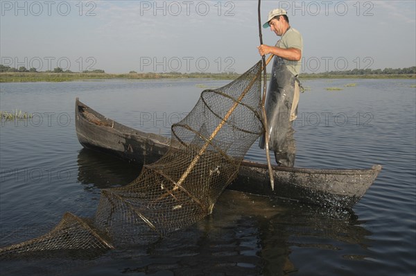 ROMANIA, Tulcea, Danube Delta Biosphere Reserve, Professional fisherman in canoe on Lake Isac checking his nets