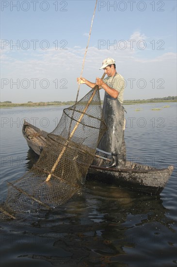 ROMANIA, Tulcea, Danube Delta Biosphere Reserve, Professional fisherman in canoe on Lake Isac checking his nets