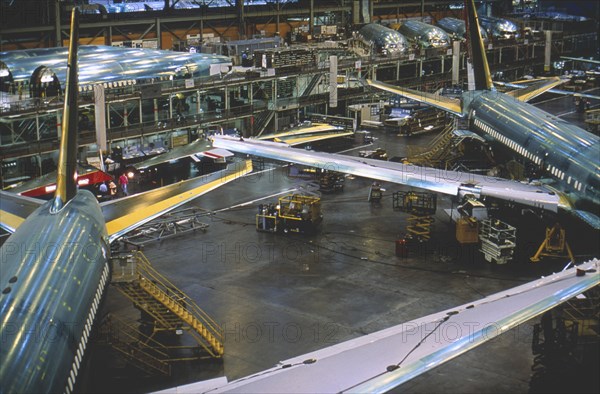 USA, Washington, Everett, Boeing 767 airliners under construction at the main assembly building