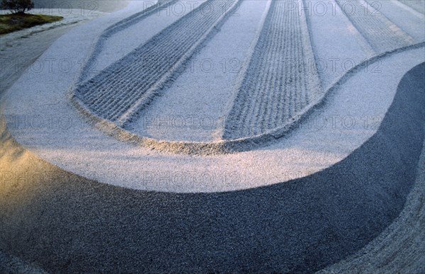 JAPAN, Religion, Zen Buddhism, "Zen garden, detail of raked gravel."