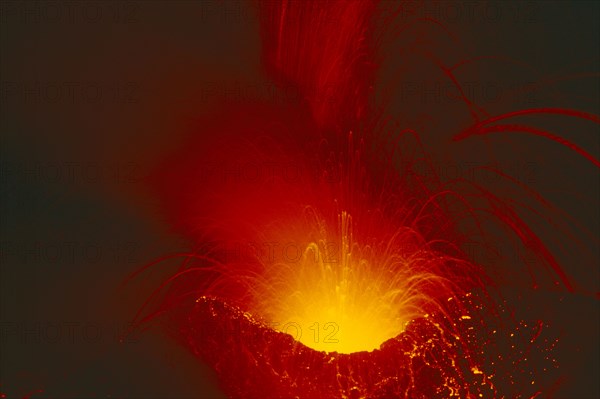 ITALY, Sicily, Night-time view of volcano erupting. Lava flow from the Monti Calcarazzi fissure.