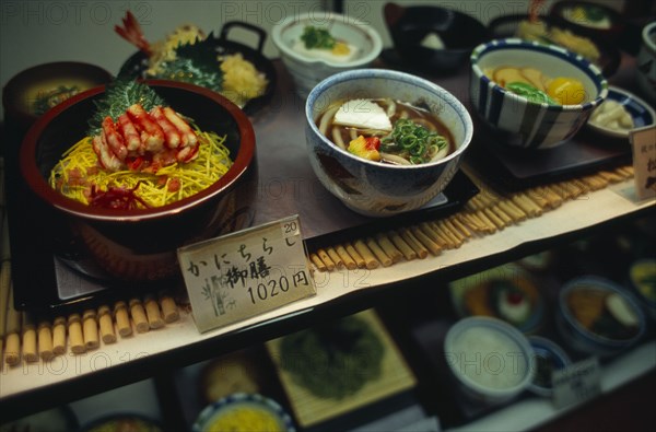 JAPAN, Honshu, Kyoto, Plastic food displayed in the window of a restaurant