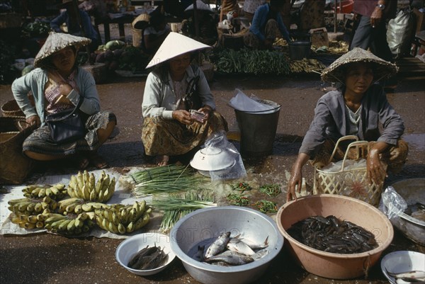 LAOS, Vientiane, "Female vendors at market stall selling onions, chillies, bananas and fish."