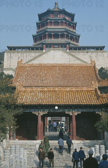 CHINA, Beijing Division, Ming Tombs, Chinese visitors on steps to gateway of tombs.