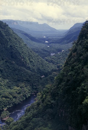 GUYANA, Amazon, Kaieteur NP, River valley with tropical forest covering steep sides