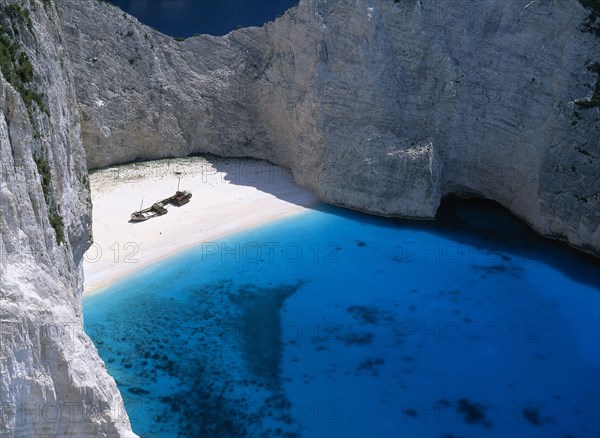 GREECE, Ionian Islands, Zakynthos, View down onto Ship Wreck beach from clifftop