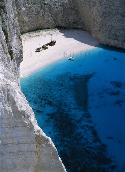 GREECE, Ionian Islands, Zakynthos, View down onto Ship Wreck beach from clifftop