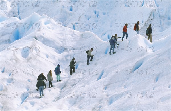 ARGENTINA, Patagonia, Santa Cruz, Parque Nacional Los Glaciares.  Line of walkers mini-trekking on Glaciar Perito Moreno.