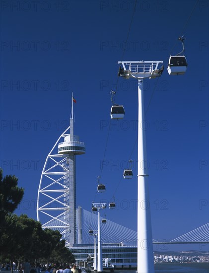 PORTUGAL, Lisbon, "Parque das Nacoes or Park of Nations, former Expo 98 site. Vasco da Gama viewing tower and cable cars."