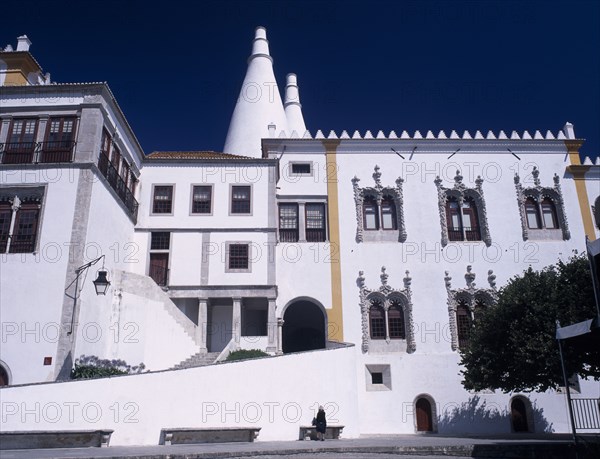 PORTUGAL, Sintra, "Palacio Nacional de Sintra facade and huge conical chimneys above, dating from the 14th century."