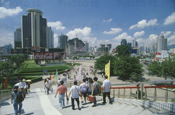 CHINA, Guangdong Province, Shenzhen SEZ, Pedestrian walkway in Shenzhen city on the border with Hong Kong.