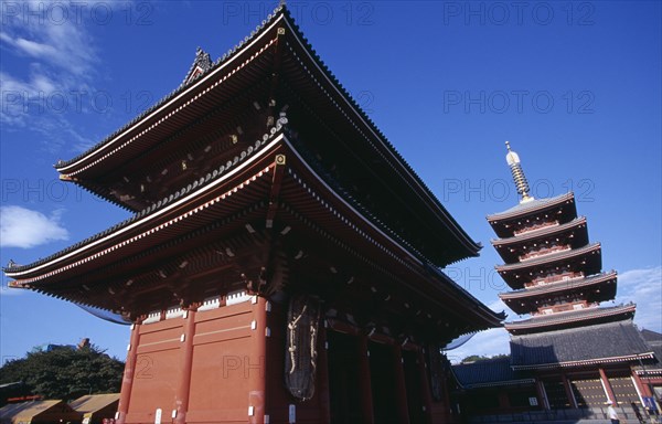 JAPAN, Honshu, Tokyo, Asakusa. Senso Ji Temple. Angled view of the Five Storey Pagoda and another temple building