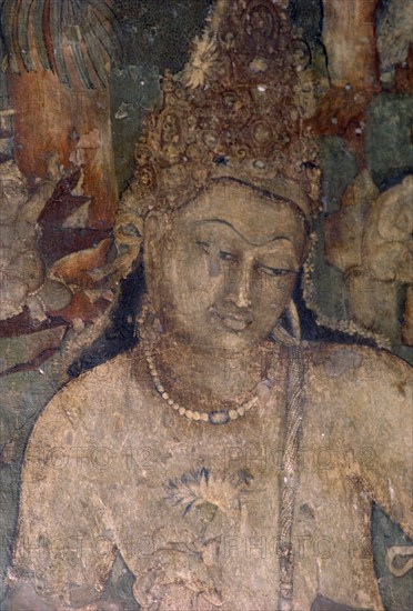 INDIA, Maharashtra, Ajanta Caves, Detail of fresco depicting Prince Vish Vantara in Cave One.