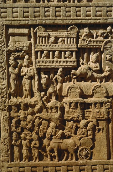 INDIA, Madhya Pradesh, Sanchi, Detail of stupa carving.