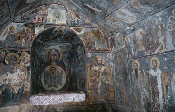 GREECE, Peloponnese, Mani Peninsula, Stoupa. Interior of church with Frescoes.