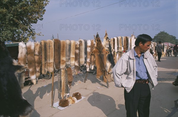 CHINA, Shaanxi, Xian. Man looking at market stall with pelts of animals draped over stands.