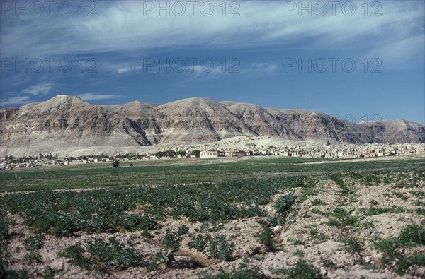 ISRAEL, West Bank, View over landscape toward the Judean Hills near Jericho with houses at the base