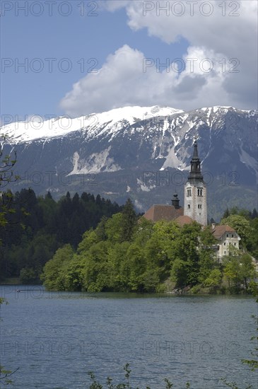 SLOVENIA, Lake Bled, View over the lake toward Bled Island and the Church of the Assumption with the snow capped peaks of the Julian Alps behind