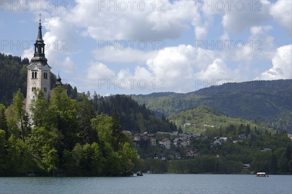 SLOVENIA, Lake Bled, Bled Island and tower of the Church of the Assumption