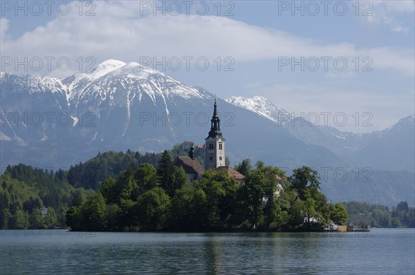 SLOVENIA, Lake Bled, View over the lake toward Bled Island and tower of the Church of the Assumption with snow capped peaks of the Julian Alps behind