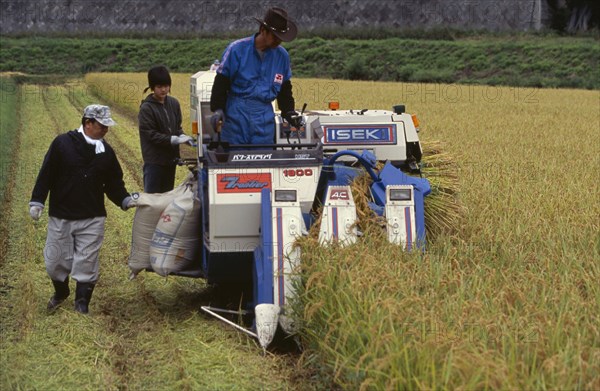 JAPAN, Honshu, Densho en, Farm workers harvesting rice field on motorised harvester