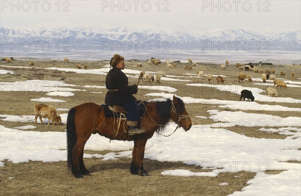 CHINA, Xinjiang Province, Altai Mountains, Kazakh herder on horseback with flock of sheep grazing amongst patches of snow.